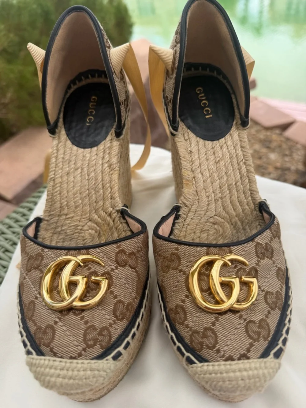 Authentic Gucci Brown GG Canvas Espadrille Wedge Sandals with Gold Double G
